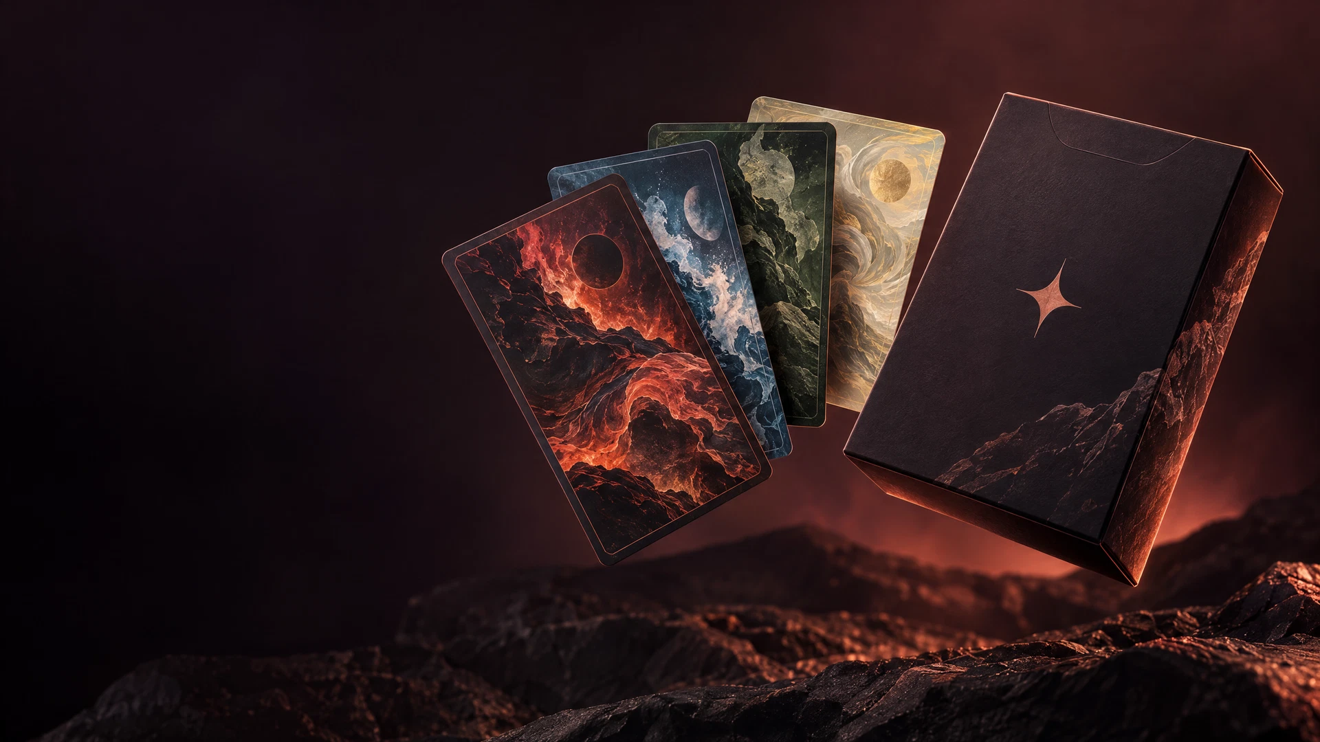 A premium card deck and tuck box with abstract Fire, Water, Air, and Earth colour accents.
