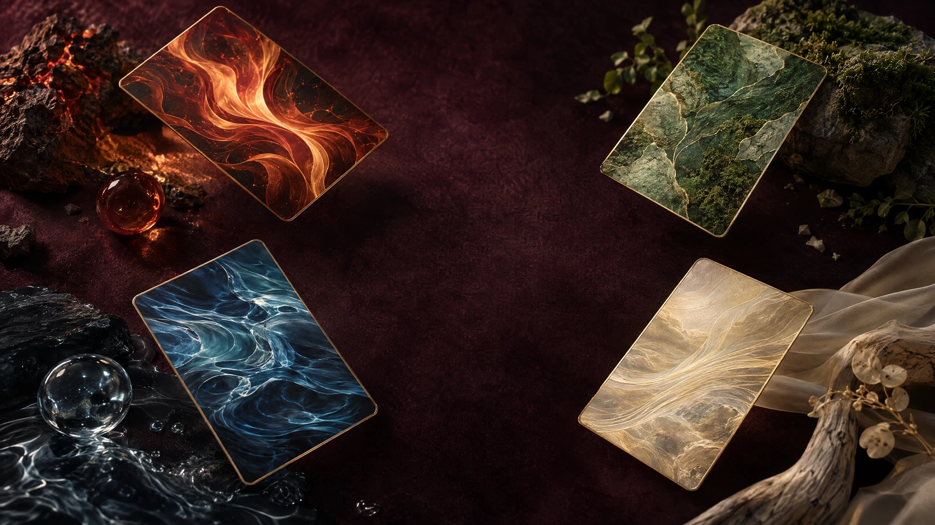 Four tactile card fragments arranged as Fire, Water, Air, and Earth.