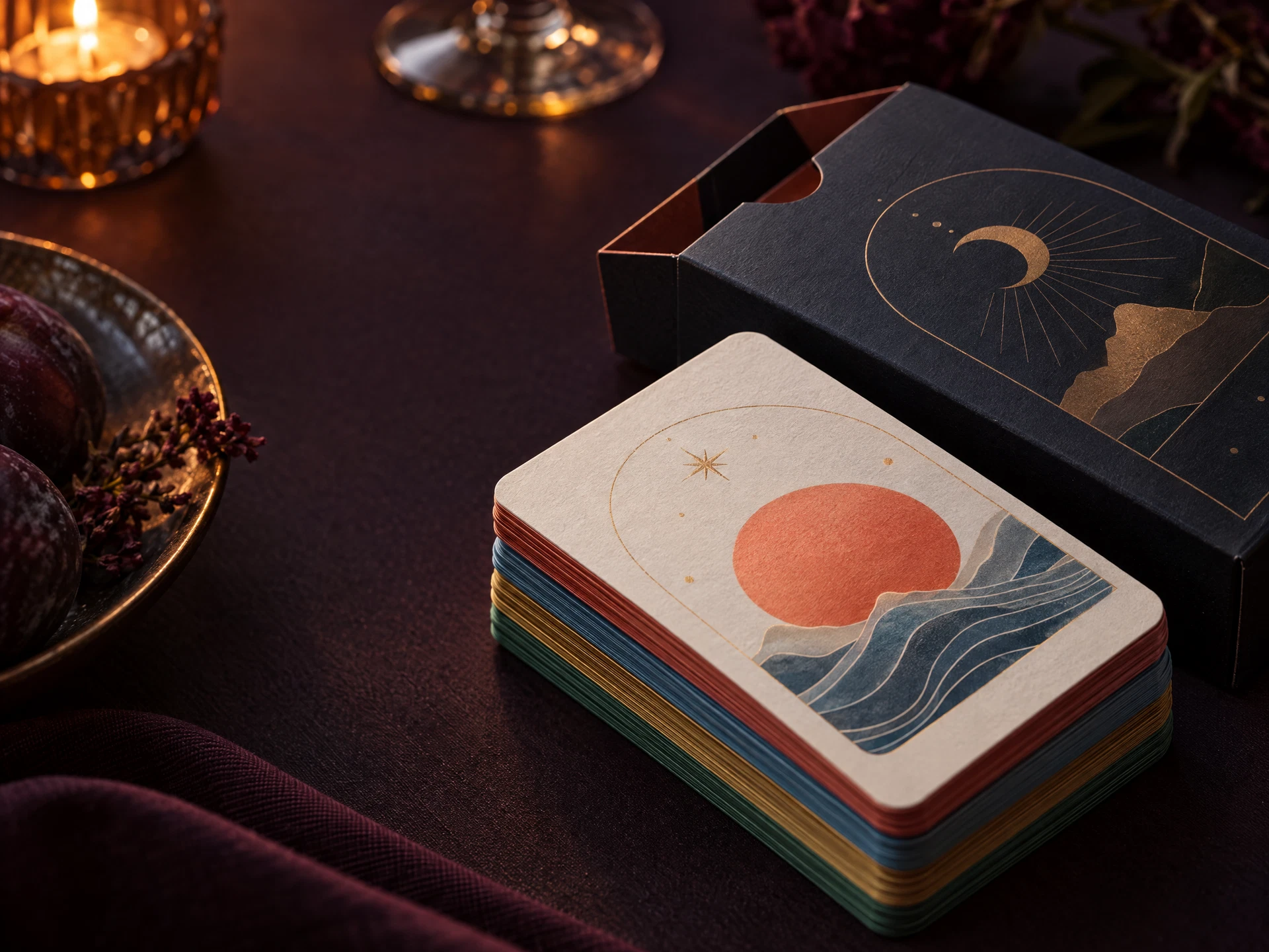 Close-up of a premium stack of elemental playing cards and a dark tuck box.